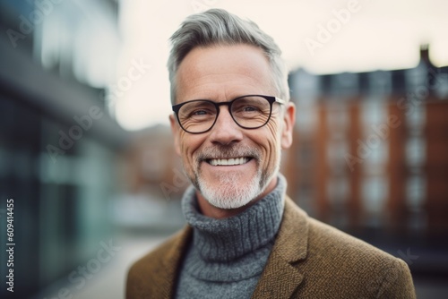 Portrait of smiling senior man with eyeglasses in city street