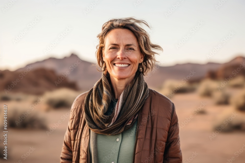 Medium shot portrait photography of a pleased woman in her 40s that is wearing a cozy sweater against a desert background . Generative AI Medium shot portrait photography of a pleased woman in her 40s that is wearing a cozy sweater against a desert background . Generative AI