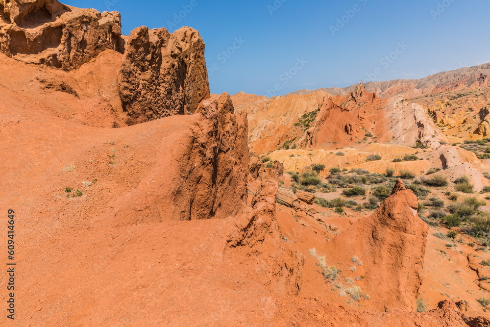 Fototapeta premium Skazka (Fairytale) Canyon - the most unusual and picturesque gorge on the southern shore of Issyk-Kul, the main attraction in the vicinity of the lake, Kyrgyzstan