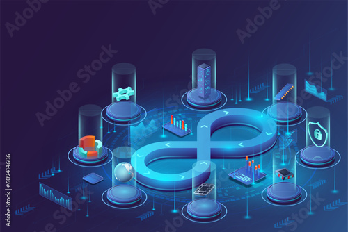Isometric DevOps. AI technology. 3D infinity icon. API product developer. Data release in cloud. Programming test. Development process. Internet connection. Vector abstract background