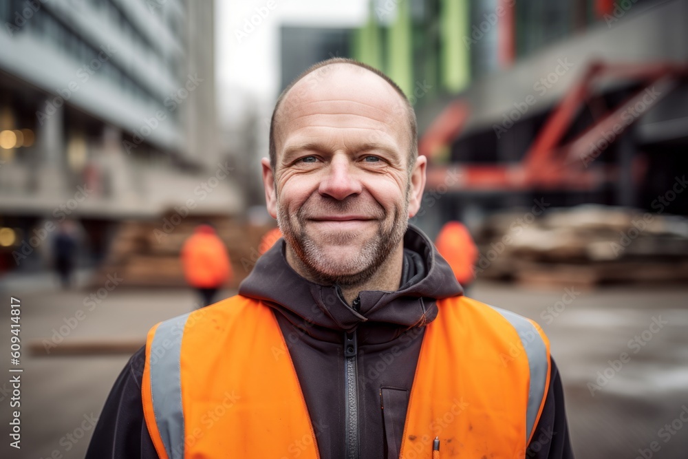 Portrait of a smiling man in orange reflective vest standing on the street Portrait of a smiling man in orange reflective vest standing on the street