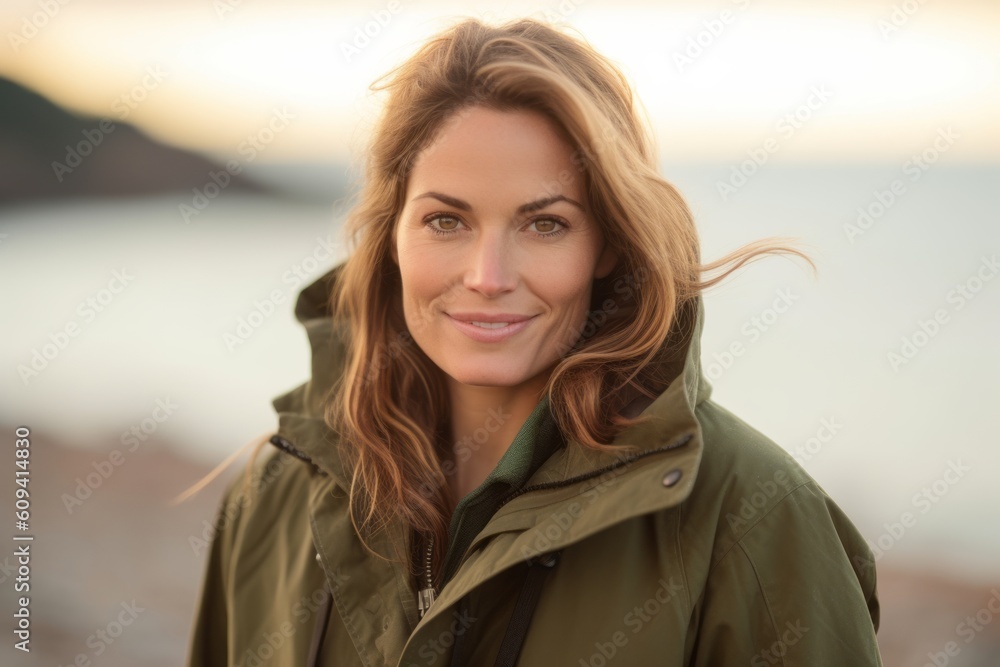 Medium shot portrait photography of a satisfied woman in her 30s that is wearing a warm parka against an island or beach paradise background . Generative AI Medium shot portrait photography of a satisfied woman in her 30s that is wearing a warm parka against an island or beach paradise background . Generative AI