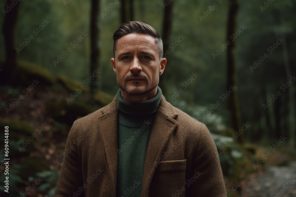 Portrait of a handsome man in a coat standing in the forest Portrait of a handsome man in a coat standing in the forest