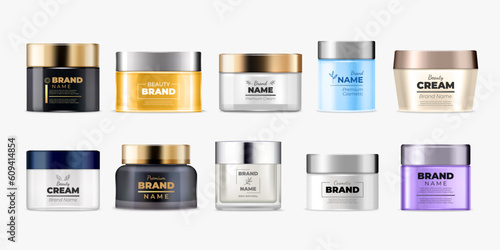 Cosmetic jar. Cream bottle mockup, luxury gold or silver, white black and colorful different container, 3d packaging, plastic cap, beauty products side view. Vector realistic tube isolated set