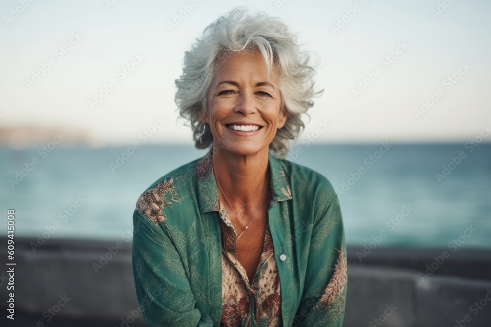 Portrait of smiling senior woman standing by seaside at seaside Portrait of smiling senior woman standing by seaside at seaside