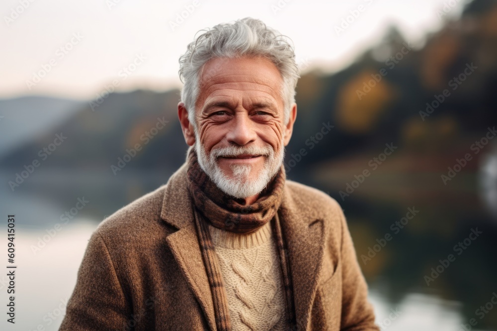 Portrait of a smiling senior man standing by the lake and looking at camera Portrait of a smiling senior man standing by the lake and looking at camera