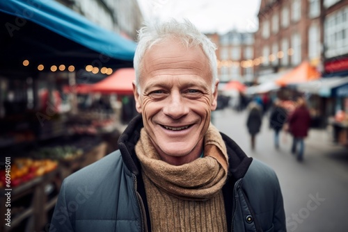 Portrait of a smiling senior man in a market in London.