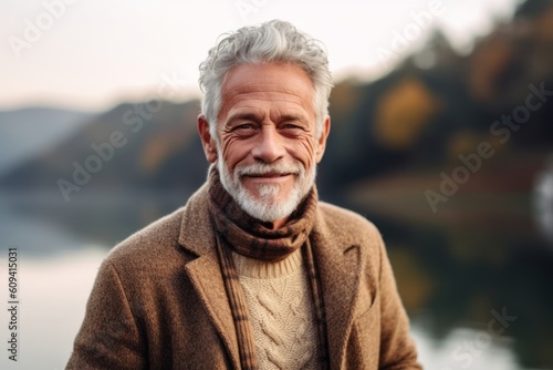 Portrait of a smiling senior man standing by the lake and looking at camera