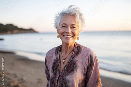 Medium shot portrait photography of a satisfied woman in her 60s that is wearing a trendy jumpsuit against a water or ocean background . Generative AI