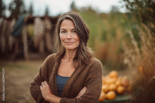 Portrait of a beautiful woman with long hair in a brown sweater against the background of autumn nature. © Anne-Marie Albrecht