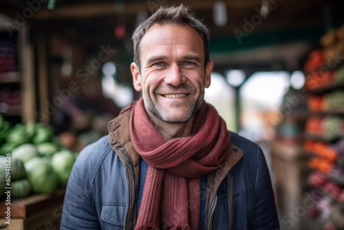 Portrait of smiling middle-aged man standing in front of a market stall