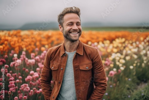 Portrait of a young handsome man in a field of poppies