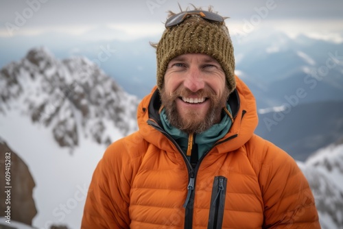 Portrait of a happy bearded man in a warm jacket and hat against the background of the mountains