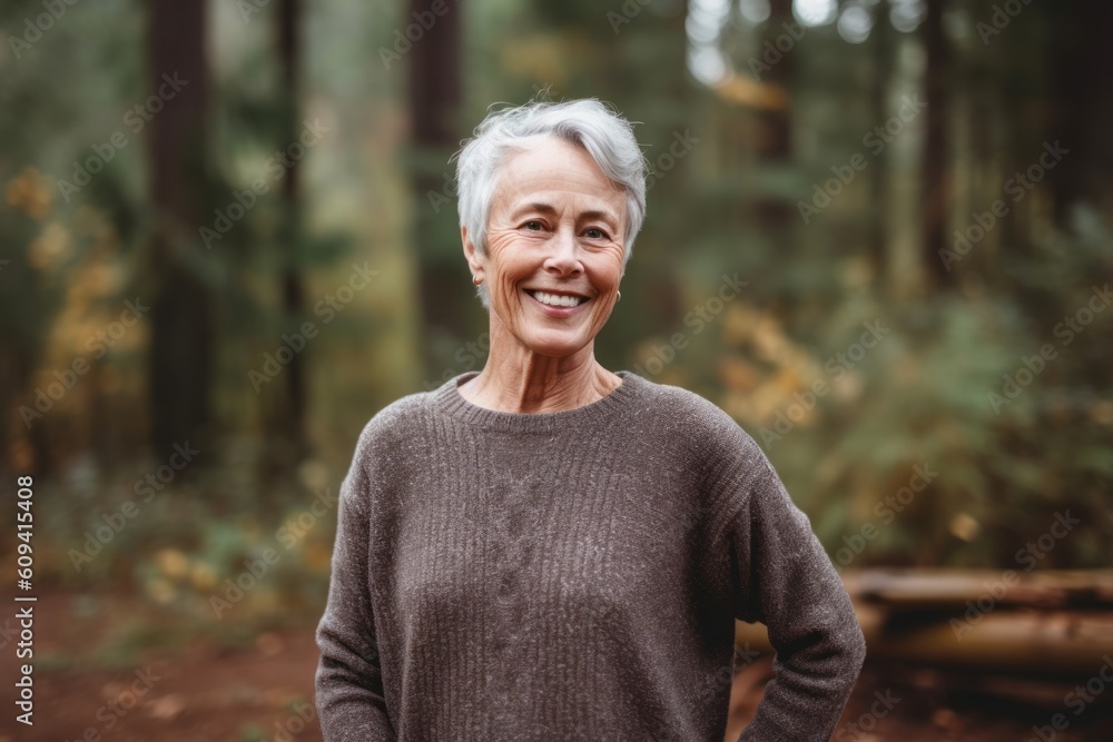 Portrait of a smiling senior woman standing in the autumn forest. Portrait of a smiling senior woman standing in the autumn forest.