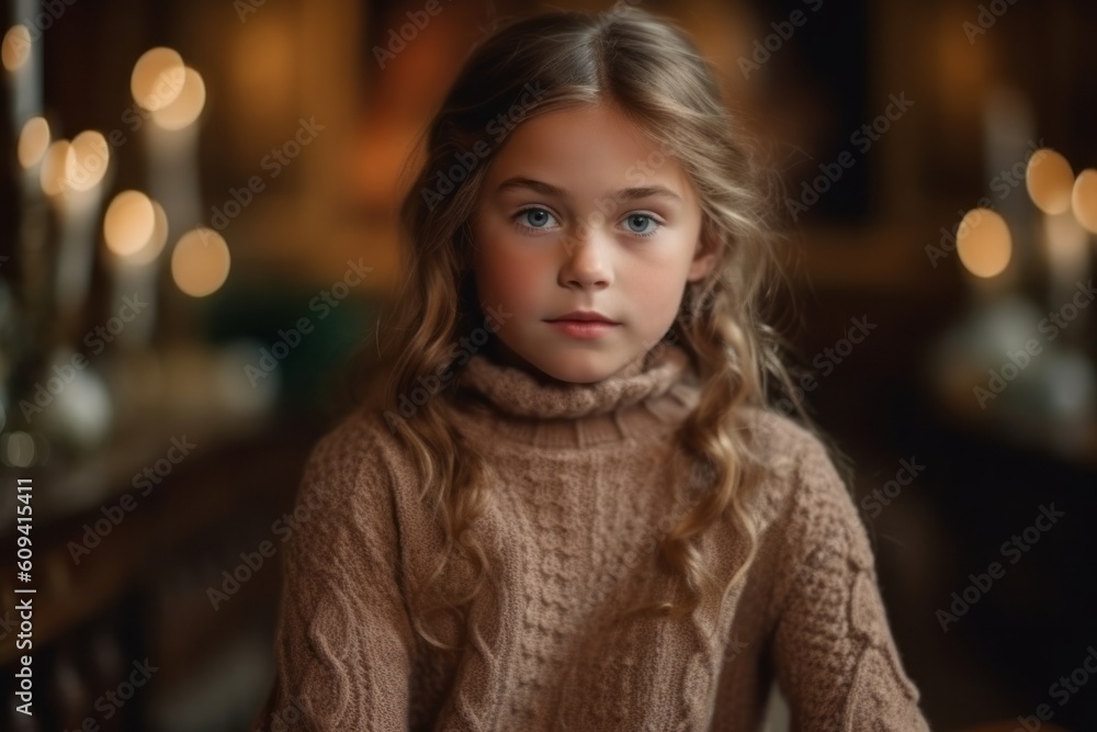 Portrait of a cute little girl with long blond hair in a knitted sweater. Portrait of a cute little girl with long blond hair in a knitted sweater.