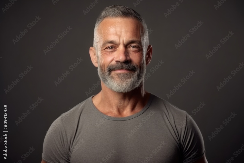 Naklejka premium Portrait of handsome mature man in grey t-shirt on dark background