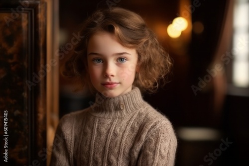 Portrait of a cute little girl with curly hair in a knitted sweater. © Anne-Marie Albrecht
