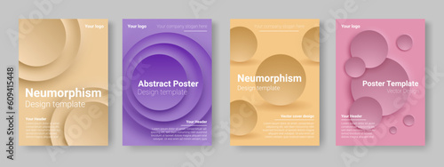 Geometric shape posters. Abstract cover for modern brand. Color book template. Neumorphism circles. Concentric figures overlay. Magazine paper pages. Vector minimal banners design set