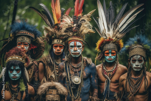 Portrait of indigenous tribe. Traditional Indians with painted faces. Native american people. Created with Generative AI
