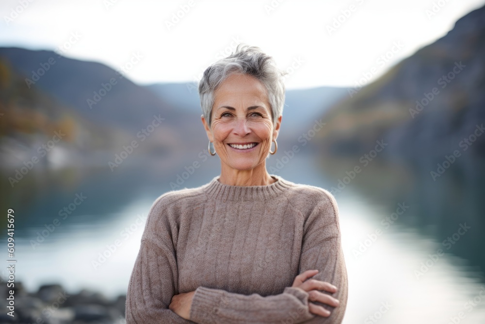 Fototapeta premium Medium shot portrait photography of a pleased woman in her 50s that is wearing a cozy sweater against a mountain lake or alpine background . Generative AI