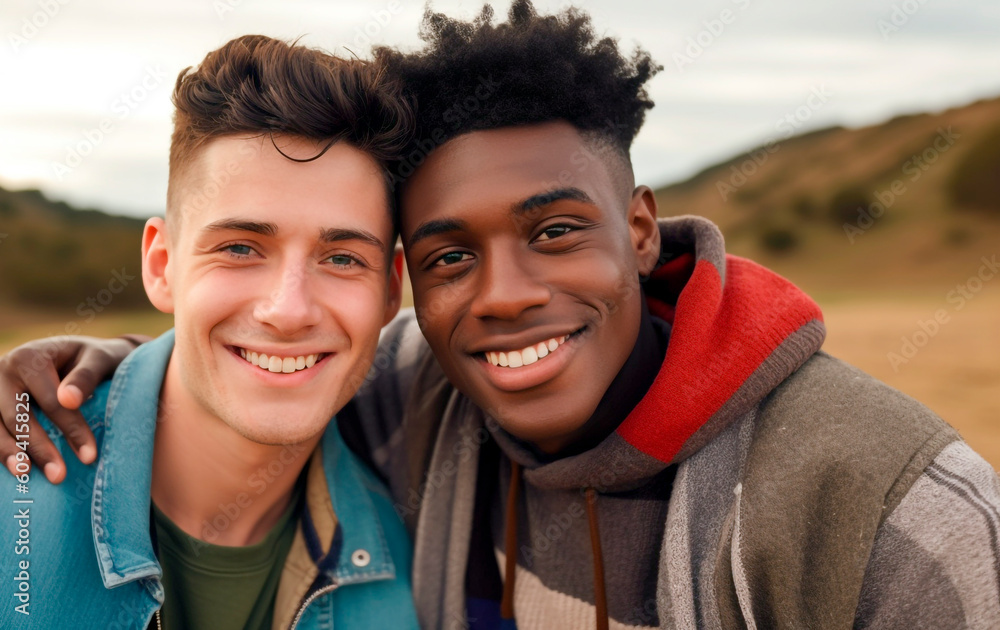 two men are smiling and hugging each other in a field. Generative Ai. 