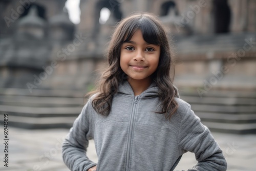 Portrait of a little girl with long hair in a gray hoodie. © Robert MEYNER