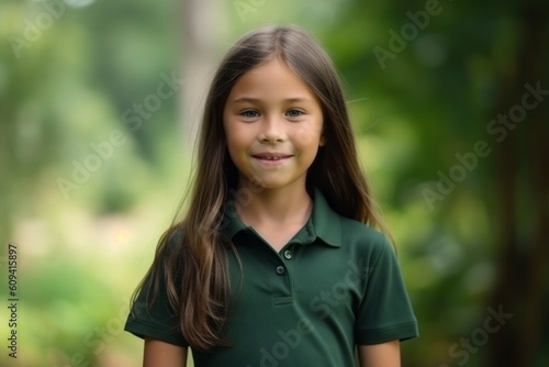 Cute little girl smiling in the park. Close up portrait.