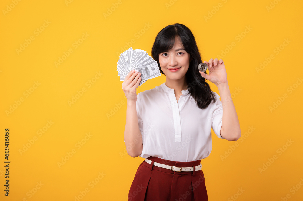 Portrait beautiful young asian woman enterpriser happy smile wearing white shirt and red plants holding cash dollar money and crypto digital currency isolation on yellow background. Wealth concept. Portrait beautiful young asian woman enterpriser happy smile wearing white shirt and red plants holding cash dollar money and crypto digital currency isolation on yellow background. Wealth concept.