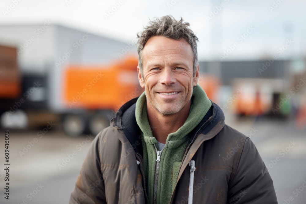 Portrait of a smiling mature man standing in front of a truck Portrait of a smiling mature man standing in front of a truck