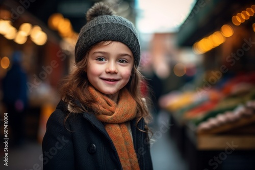 Portrait of a little girl in a hat and scarf on Christmas market