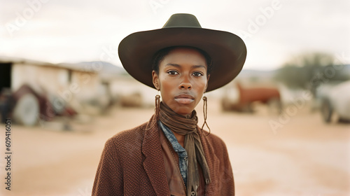 A woman in a cowboy hat and a scarf. Generative AI.