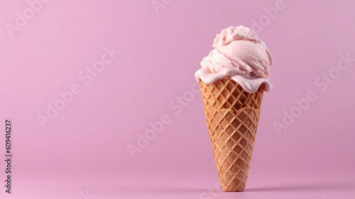 Ice cream cone on colored background, minimal style. Creative summer banner. Created with Generative AI