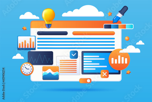 Web design. 3D UI render graphic. Website software. Internet interface creating. Digital developers. Computer webpage. Browser window redesign for marketing. Vector illustration concept
