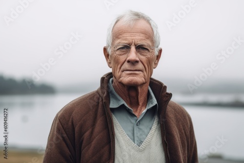 Portrait of a senior man standing by the lake on a foggy day