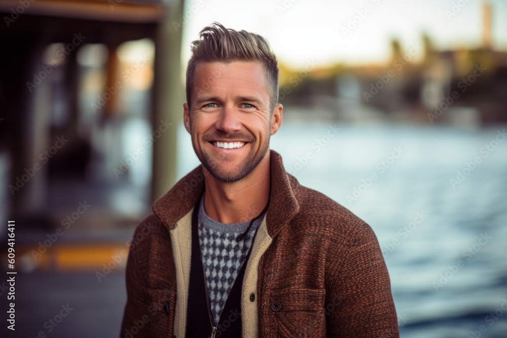 Fototapeta premium Portrait of a handsome young man smiling at the camera while standing outdoors