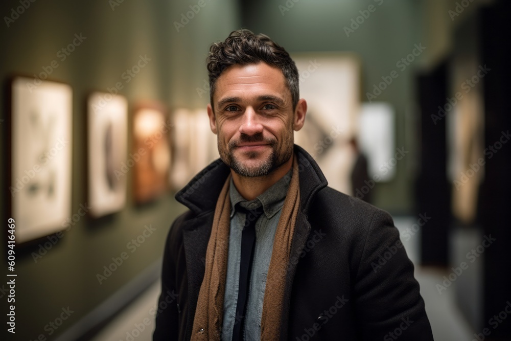 Portrait of a handsome man looking at camera in an art gallery Portrait of a handsome man looking at camera in an art gallery