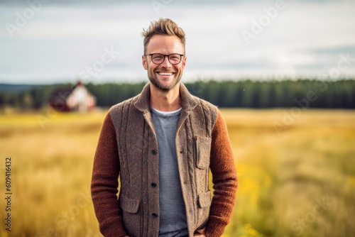 Portrait of a handsome young man in casual clothes on a wheat field