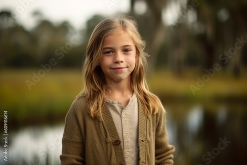 Portrait of a beautiful little girl on the background of the lake