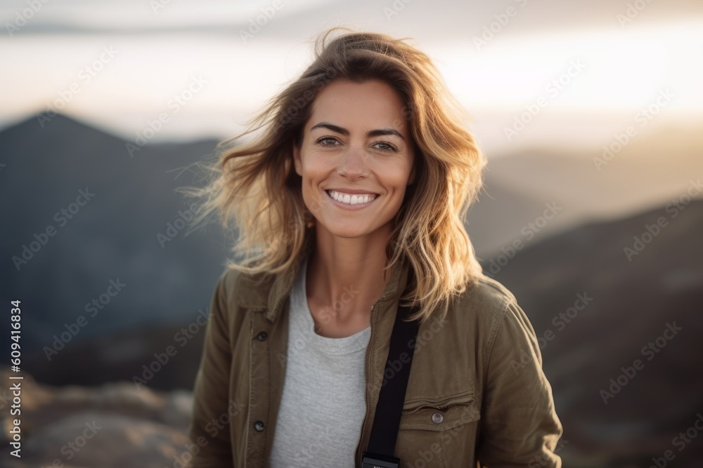Portrait of a smiling woman standing at the top of a mountain Portrait of a smiling woman standing at the top of a mountain