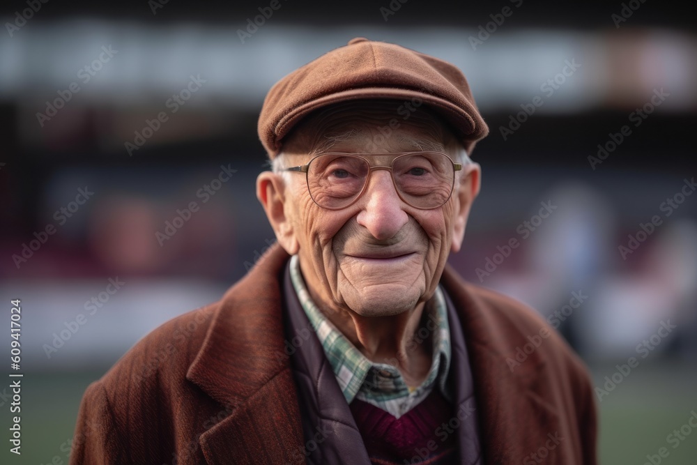 Portrait of an elderly man with hat and coat at the stadium Portrait of an elderly man with hat and coat at the stadium