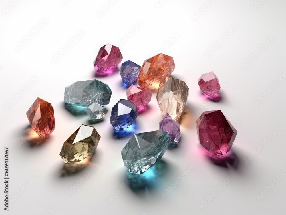 3d render, assorted colored spiritual crystals isolated on white background, reiki healing quartz, rough nuggets, faceted gemstones, semiprecious gems, Generative AI