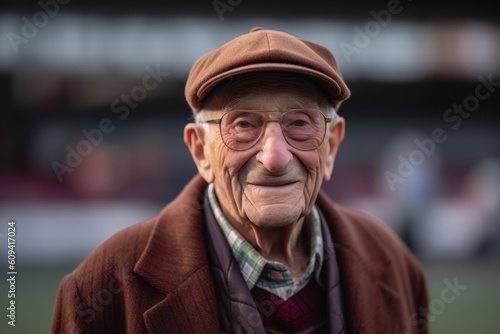 Portrait of an elderly man with hat and coat at the stadium