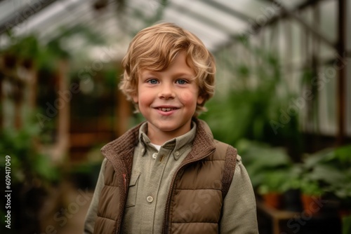 Portrait of a cute little boy with blond curly hair in a greenhouse