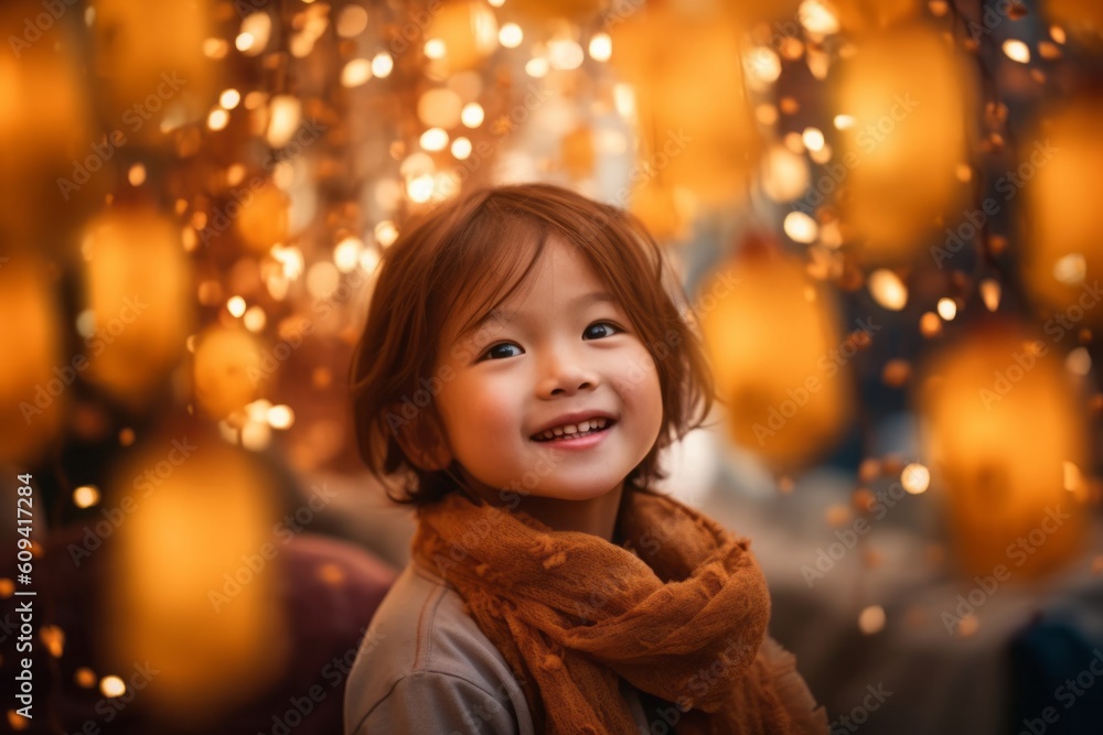 Happy asian little girl smiling and looking at camera with bokeh background Happy asian little girl smiling and looking at camera with bokeh background