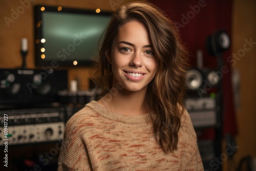 Portrait of a beautiful young woman in a recording studio. She is smiling and looking at the camera.