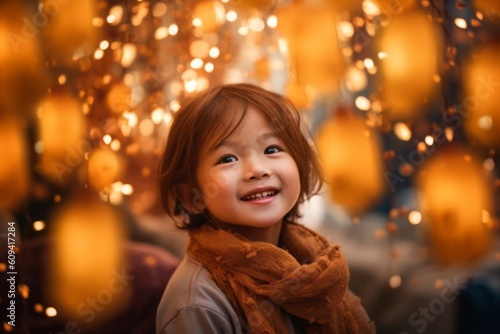 Happy asian little girl smiling and looking at camera with bokeh background