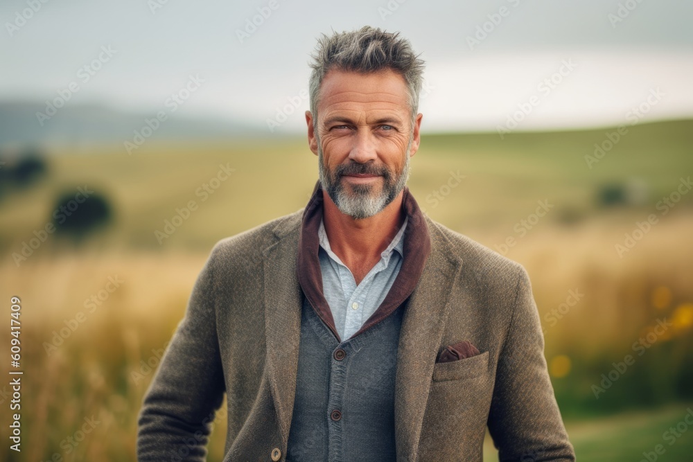 Portrait of a handsome mature man standing outdoors in a field. Portrait of a handsome mature man standing outdoors in a field.