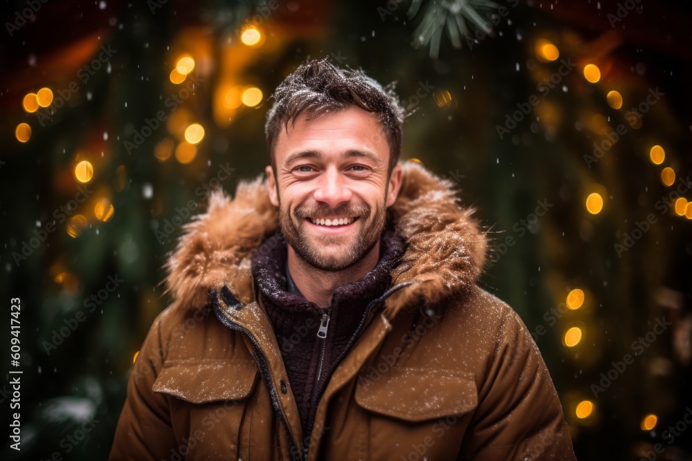 Smiling handsome man in winter clothes standing in front of Christmas tree Smiling handsome man in winter clothes standing in front of Christmas tree