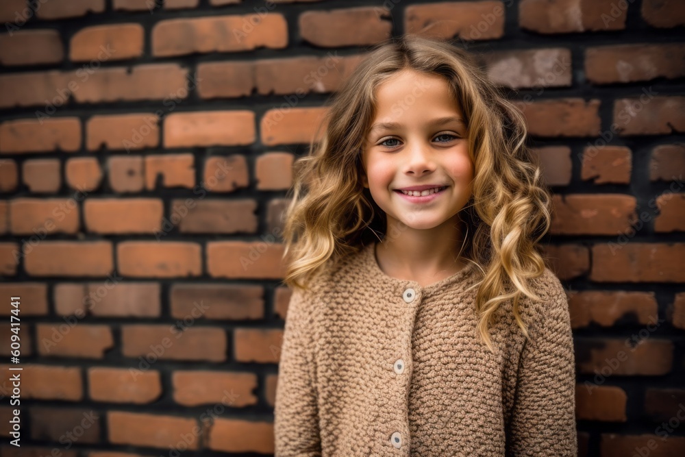 Portrait of cute little girl smiling at camera on brick wall background Portrait of cute little girl smiling at camera on brick wall background