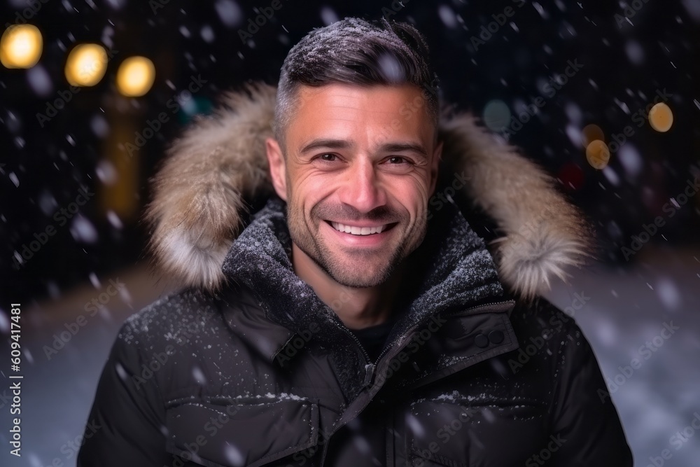 Portrait of a handsome young man in winter clothes standing outdoors at night and smiling. Portrait of a handsome young man in winter clothes standing outdoors at night and smiling.